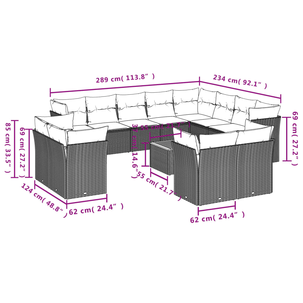 13-Tlg. Garten-Sofagarnitur Mit Kissen Poly Rattan