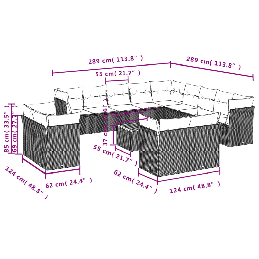 14-Tlg. Garten-Sofagarnitur Mit Kissen Poly Rattan