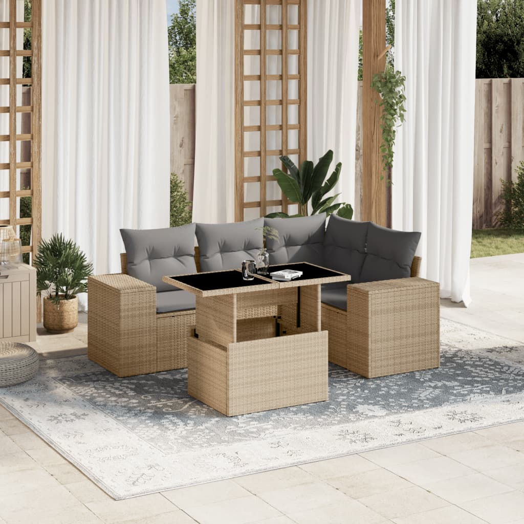 5-Tlg. Garten-Sofagarnitur Mit Kissen Beige Poly Rattan