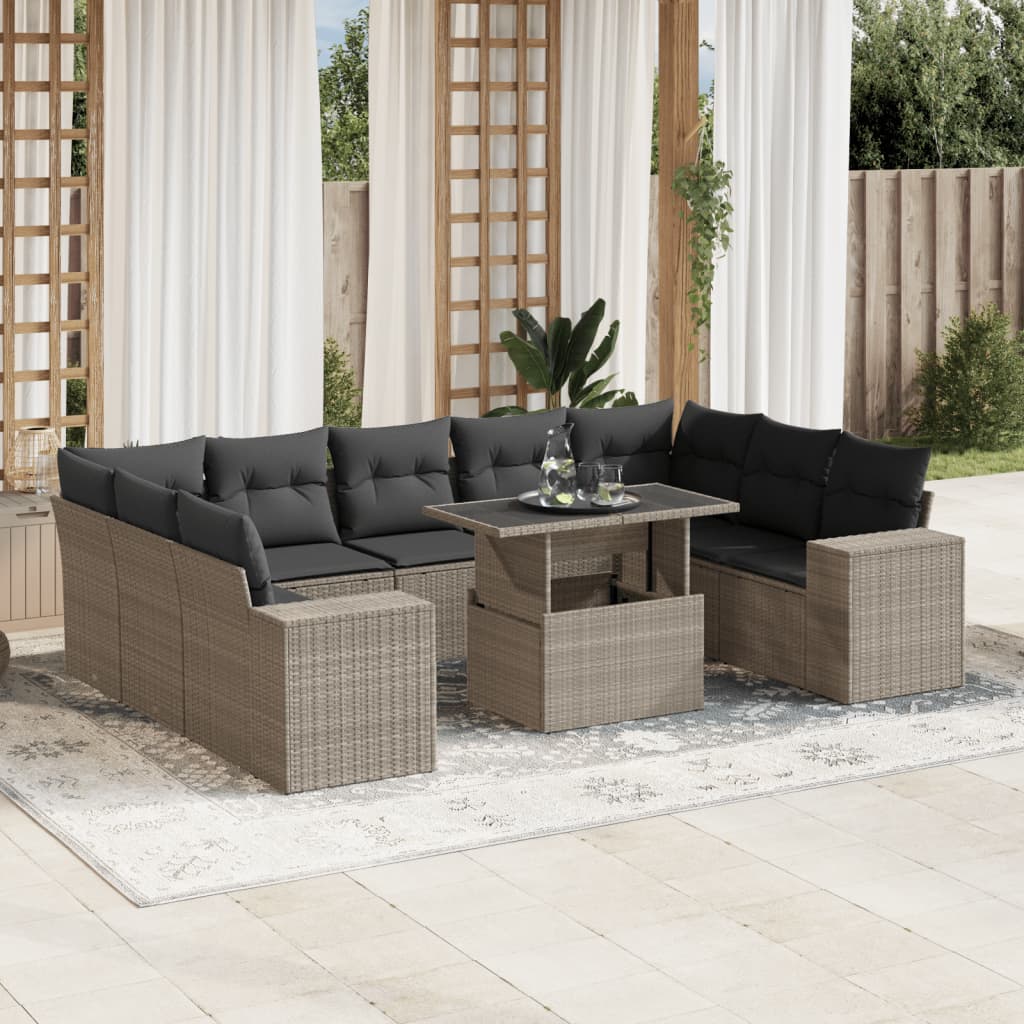 10-Tlg. Garten-Sofagarnitur Mit Kissen Beige Poly Rattan