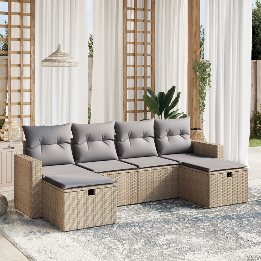 6-Tlg. Garten-Sofagarnitur Mit Kissen Beige Poly Rattan