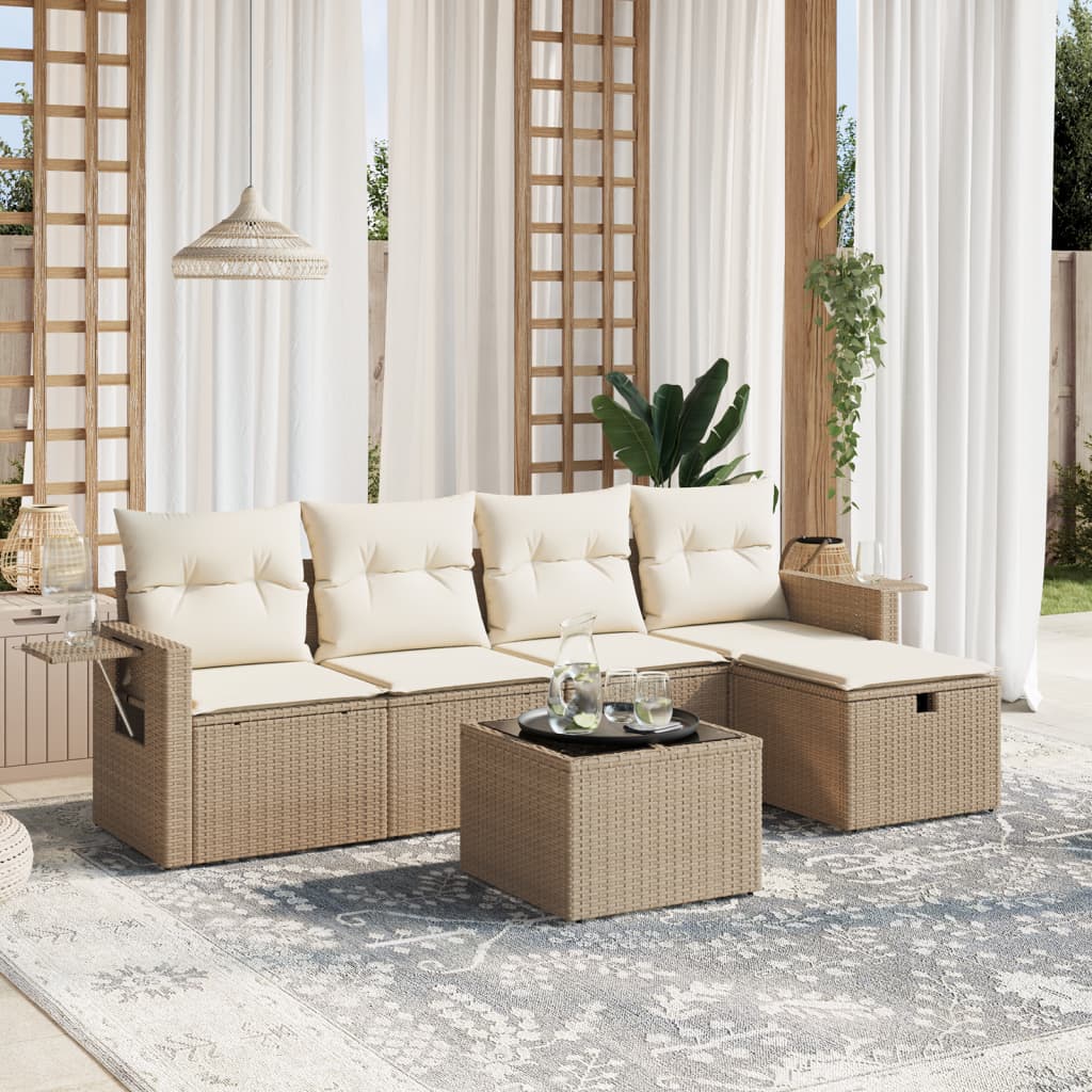 5-Tlg. Garten-Sofagarnitur Mit Kissen Beige Poly Rattan