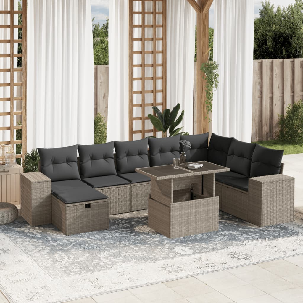 9-Tlg. Garten-Sofagarnitur Mit Kissen Beige Poly Rattan