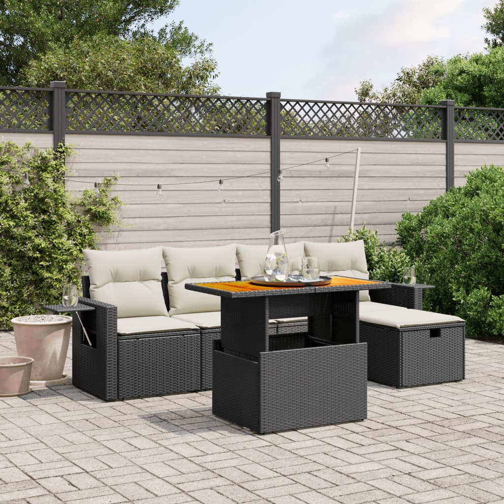 6-Tlg. Garten-Sofagarnitur Mit Kissen Beige Poly Rattan Akazie