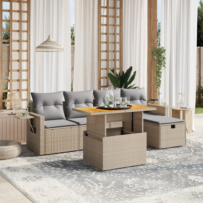 6-Tlg. Garten-Sofagarnitur Mit Kissen Beige Poly Rattan Akazie