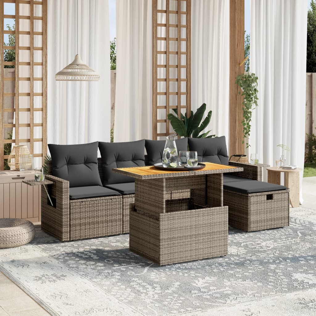 6-Tlg. Garten-Sofagarnitur Mit Kissen Beige Poly Rattan Akazie