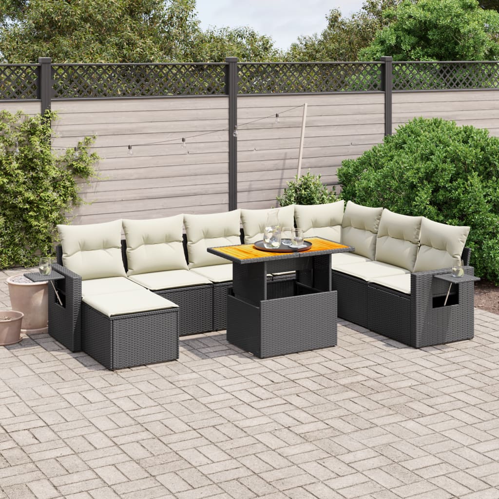 9-Tlg. Garten-Sofagarnitur Mit Kissen Beige Poly Rattan Akazie