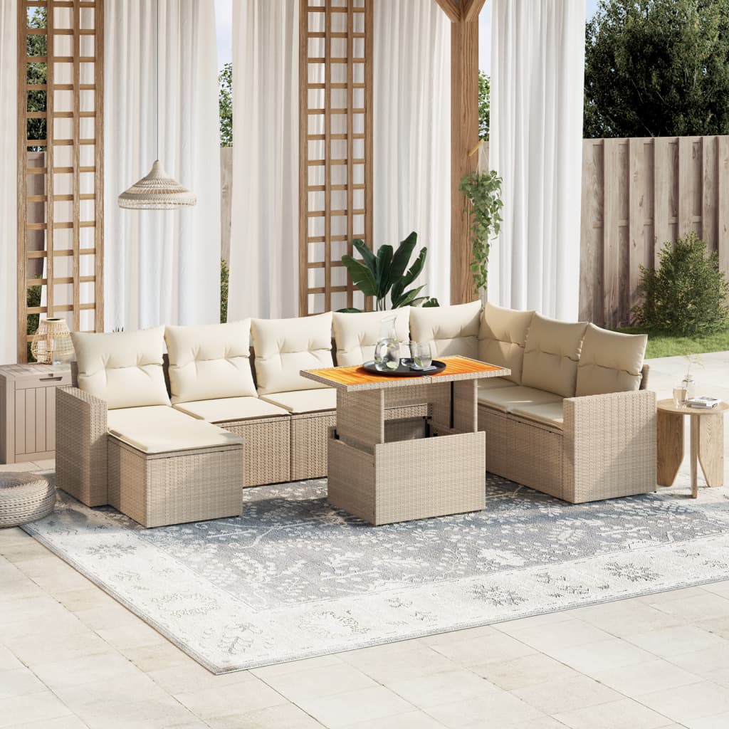 9-Tlg. Garten-Sofagarnitur Mit Kissen Beige Poly Rattan