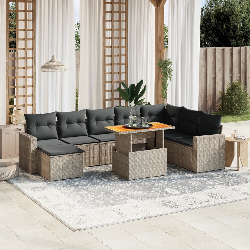 9-Tlg. Garten-Sofagarnitur Mit Kissen Beige Poly Rattan