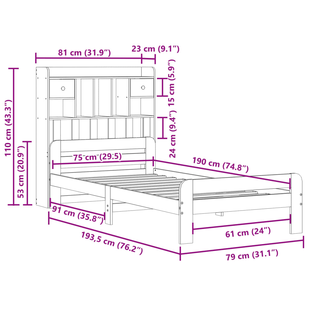 Massivholzbett Mit Regal Ohne Matratze 75X190 Cm