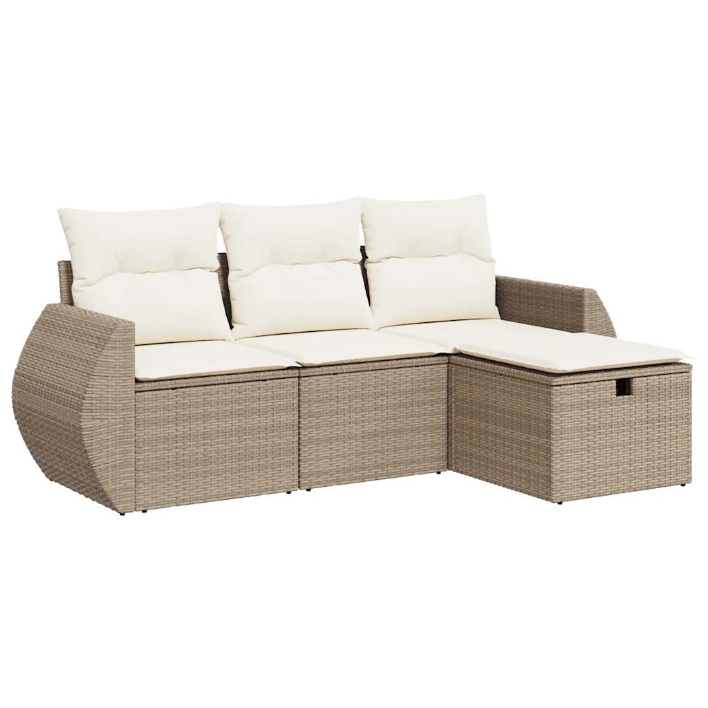 4-Tlg. Garten-Sofagarnitur mit Kissen Beige Poly Rattan