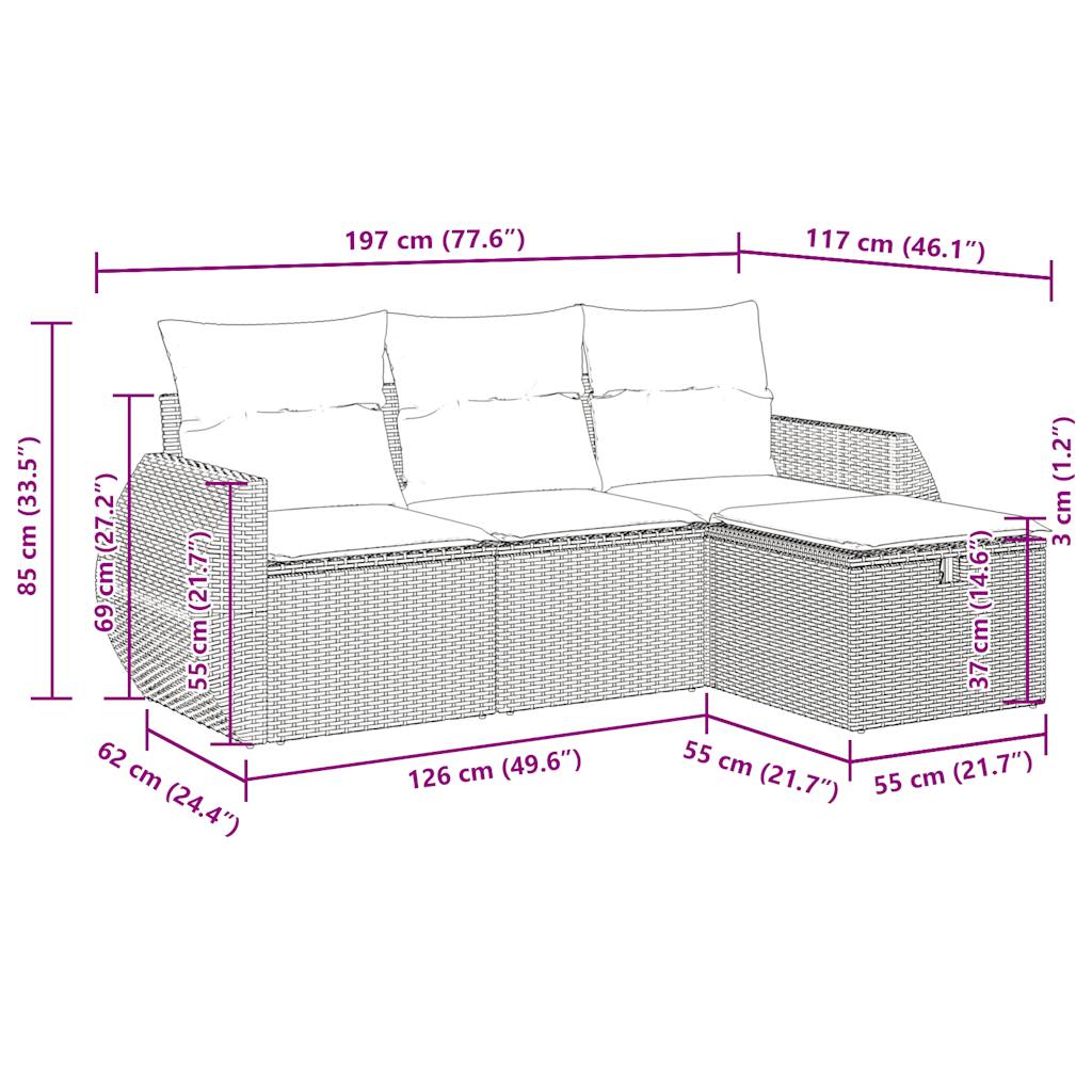 4-Tlg. Garten-Sofagarnitur mit Kissen Beige Poly Rattan