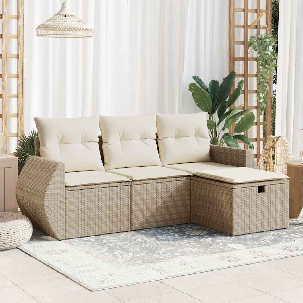 4-Tlg. Garten-Sofagarnitur mit Kissen Beige Poly Rattan