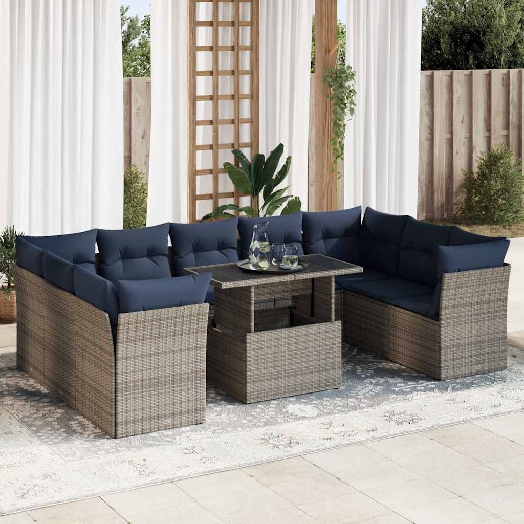 10-Tlg. Garten-Sofagarnitur Mit Kissen Poly Rattan Akazie