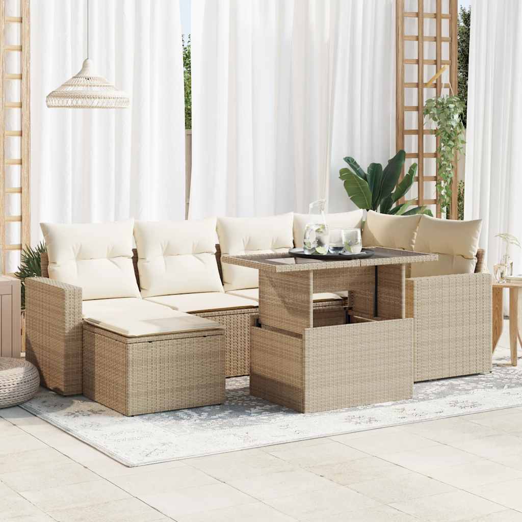 7-Tlg. Garten-Sofagarnitur Mit Kissen Beige Poly Rattan