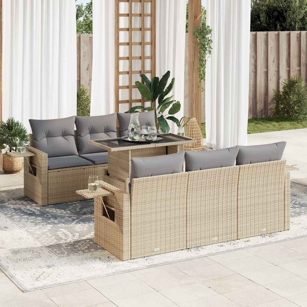 7-Tlg. Garten-Sofagarnitur Mit Kissen Beige Poly Rattan