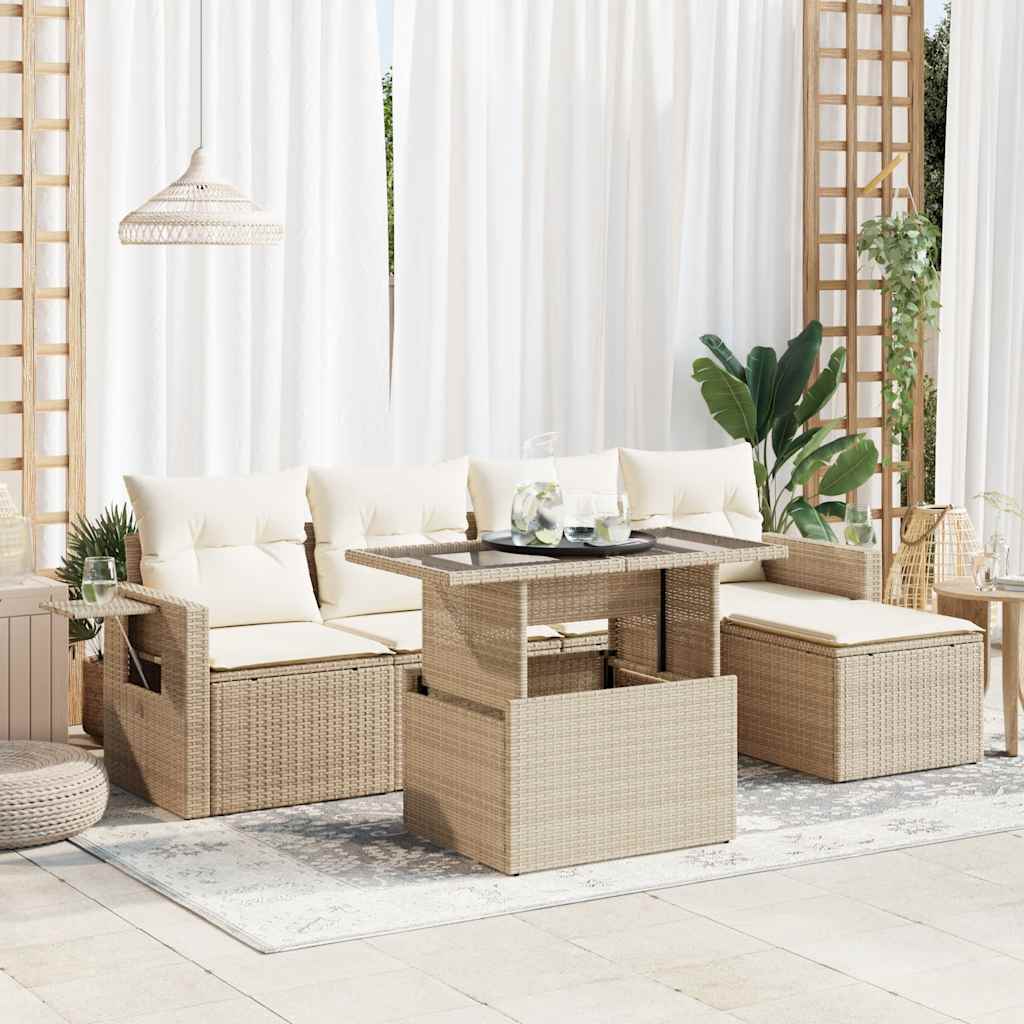 6-Tlg. Garten-Sofagarnitur Mit Kissen Beige Poly Rattan