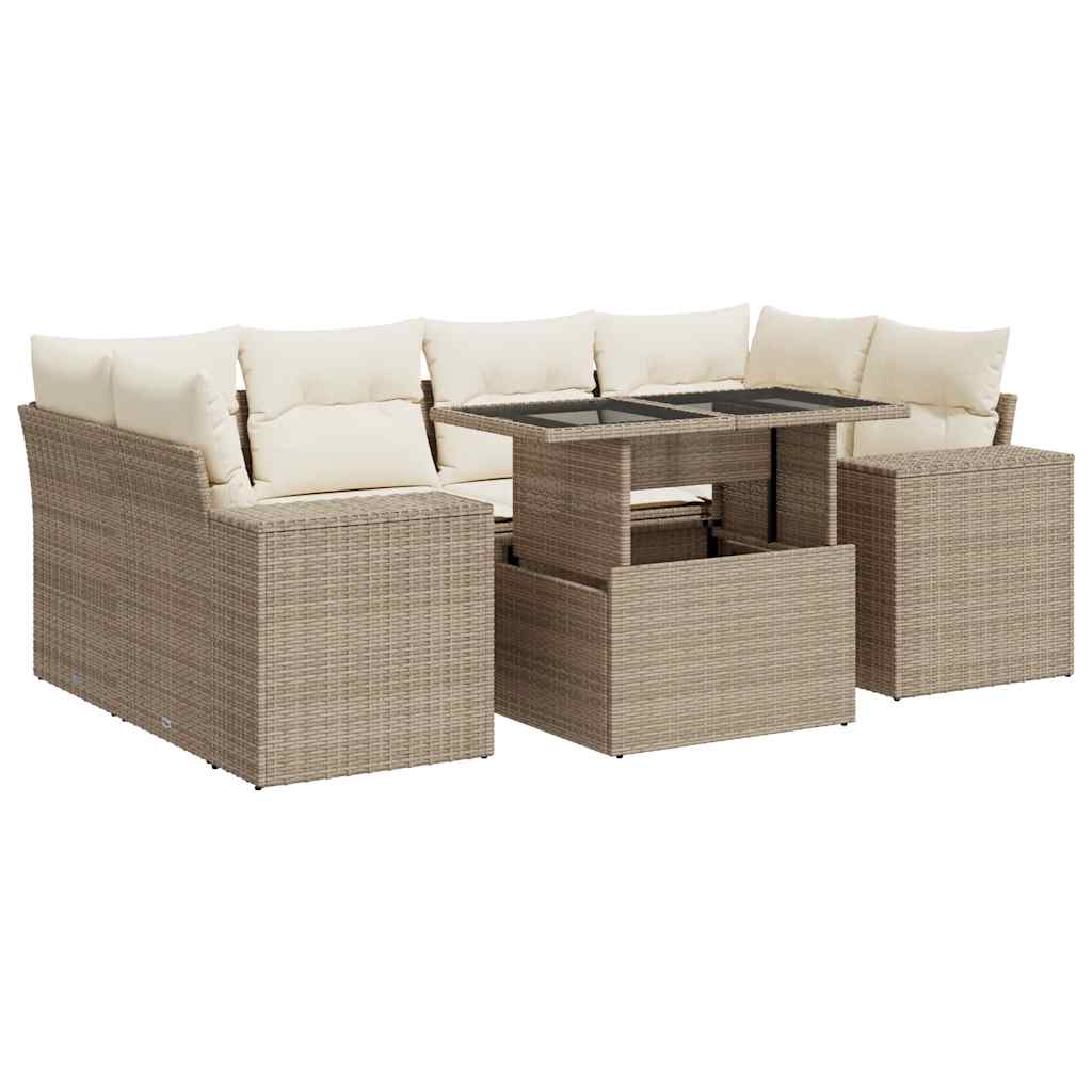 7-Tlg. Garten-Sofagarnitur Mit Kissen Beige Poly Rattan