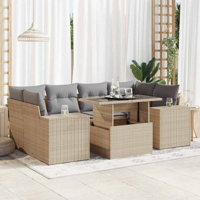 7-Tlg. Garten-Sofagarnitur Mit Kissen Beige Poly Rattan