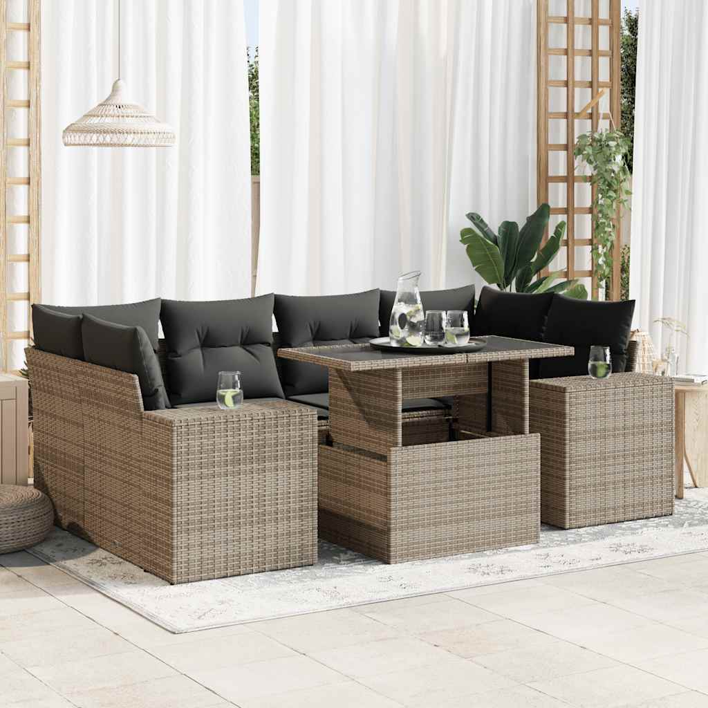 7-Tlg. Garten-Sofagarnitur Mit Kissen Beige Poly Rattan