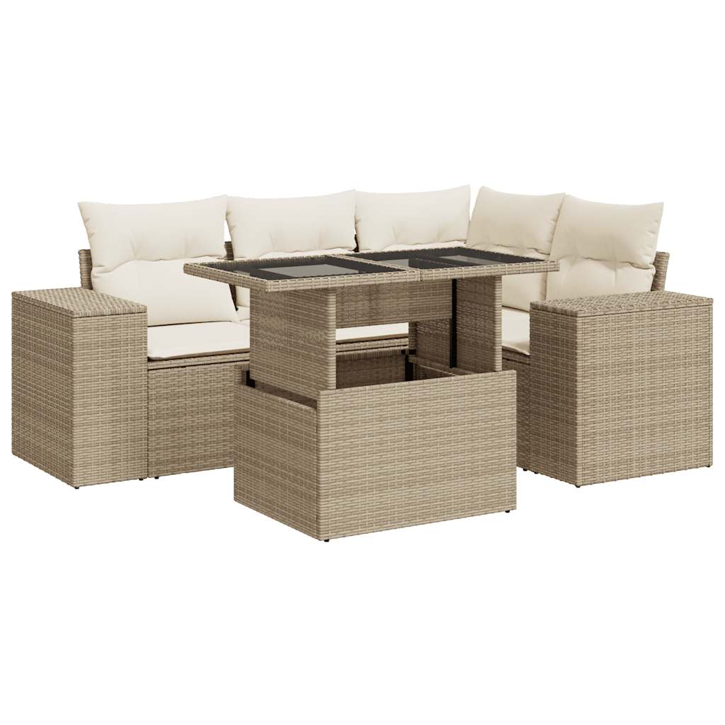 5-Tlg. Garten-Sofagarnitur Mit Kissen Beige Poly Rattan