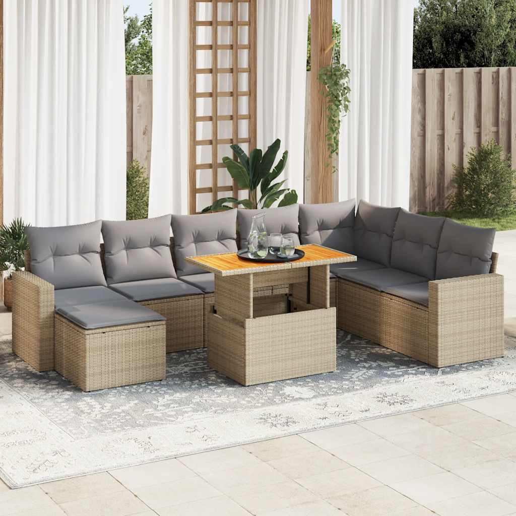 9-Tlg. Garten-Sofagarnitur Mit Kissen Beige Poly Rattan