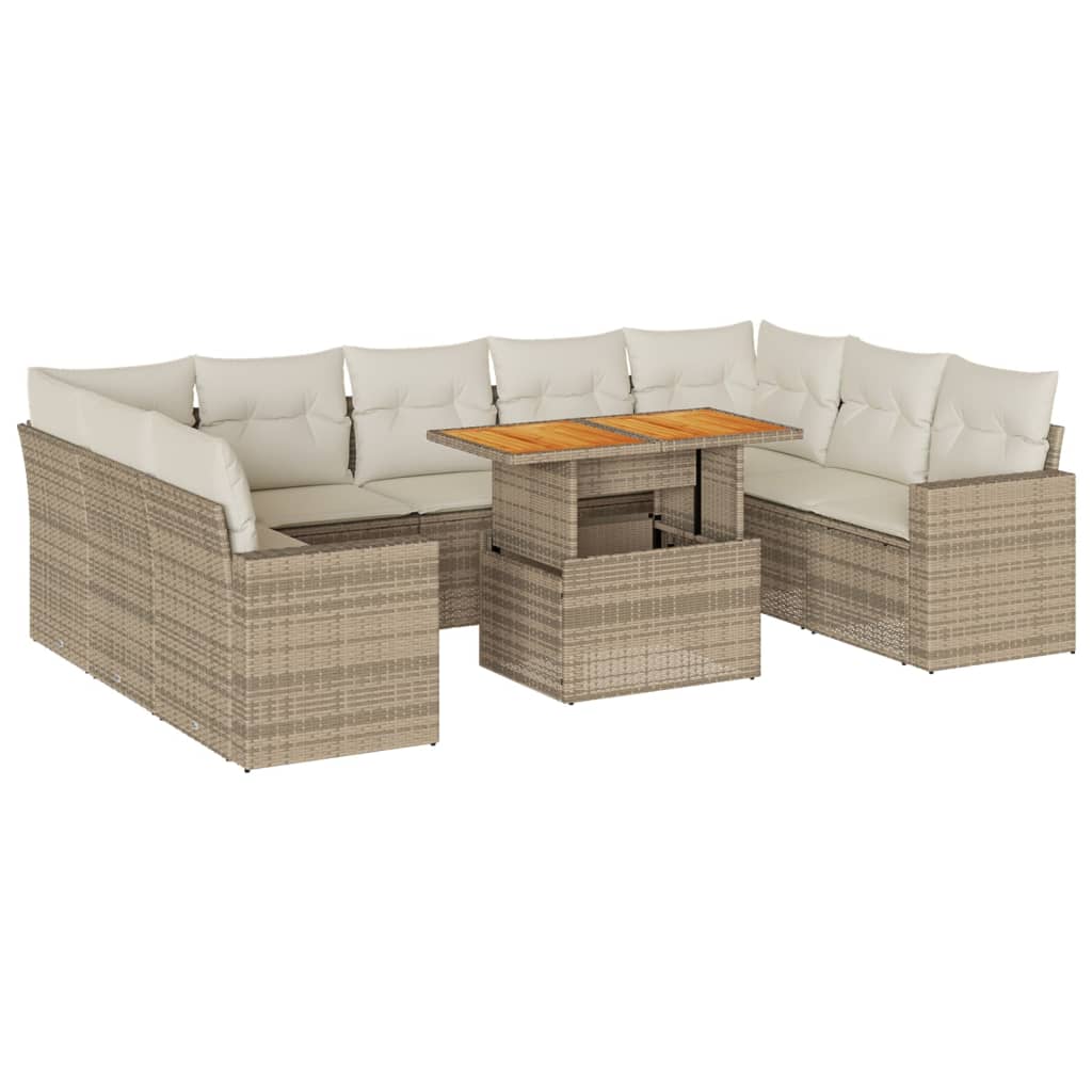 10-Tlg. Garten-Sofagarnitur mit Kissen Beige Poly Rattan