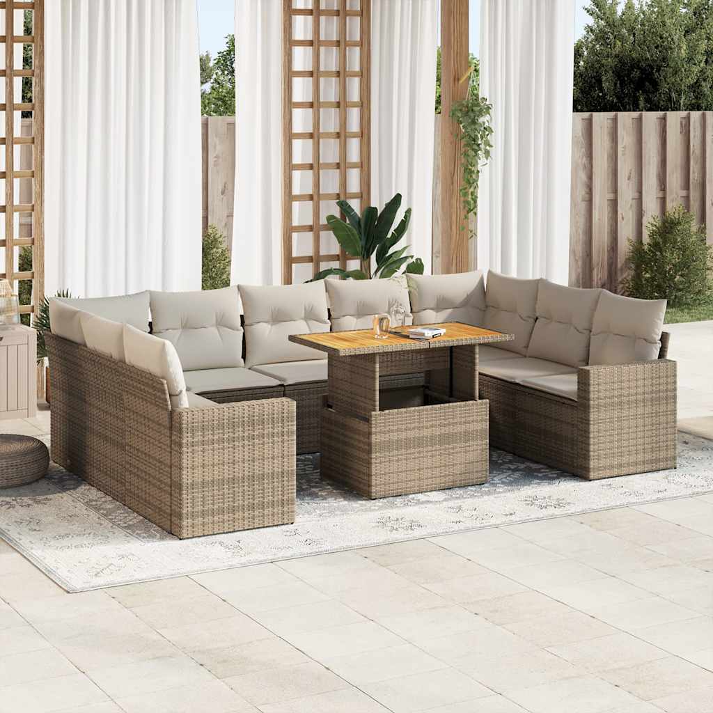 10-Tlg. Garten-Sofagarnitur mit Kissen Beige Poly Rattan