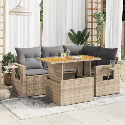 5-Tlg. Garten-Sofagarnitur Mit Kissen Beige Poly Rattan