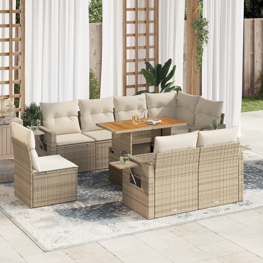 9-Tlg. Garten-Sofagarnitur Mit Kissen Beige Poly Rattan