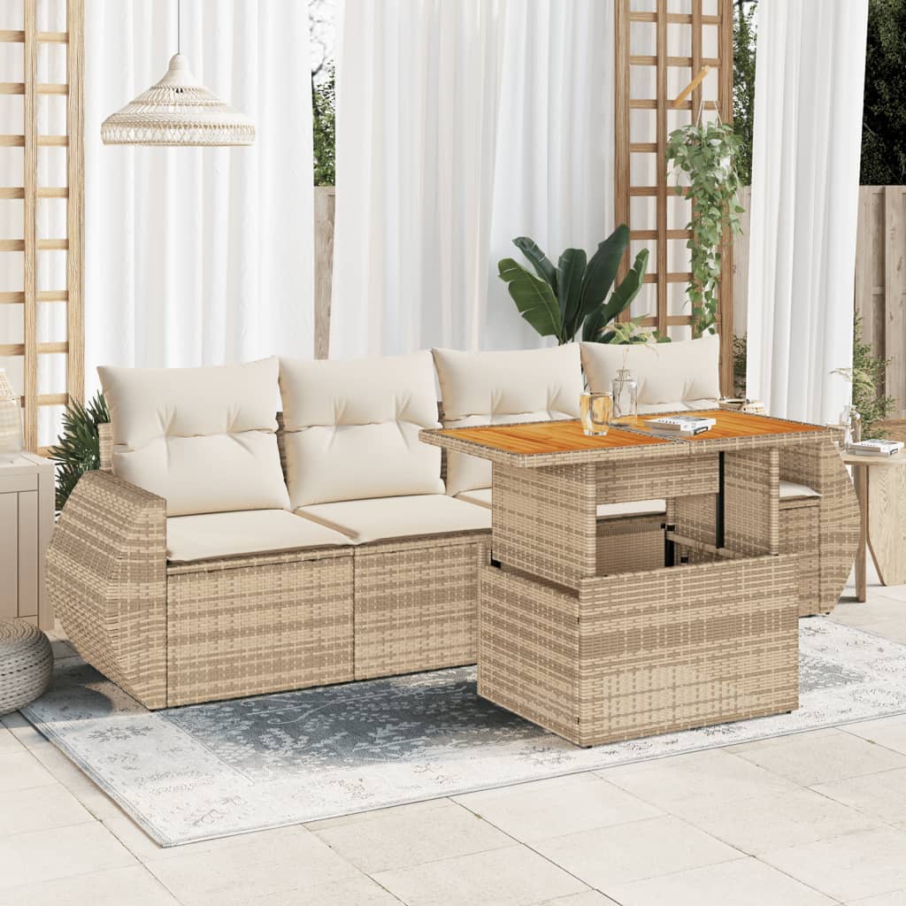 5-Tlg. Garten-Sofagarnitur Mit Kissen Beige Poly Rattan