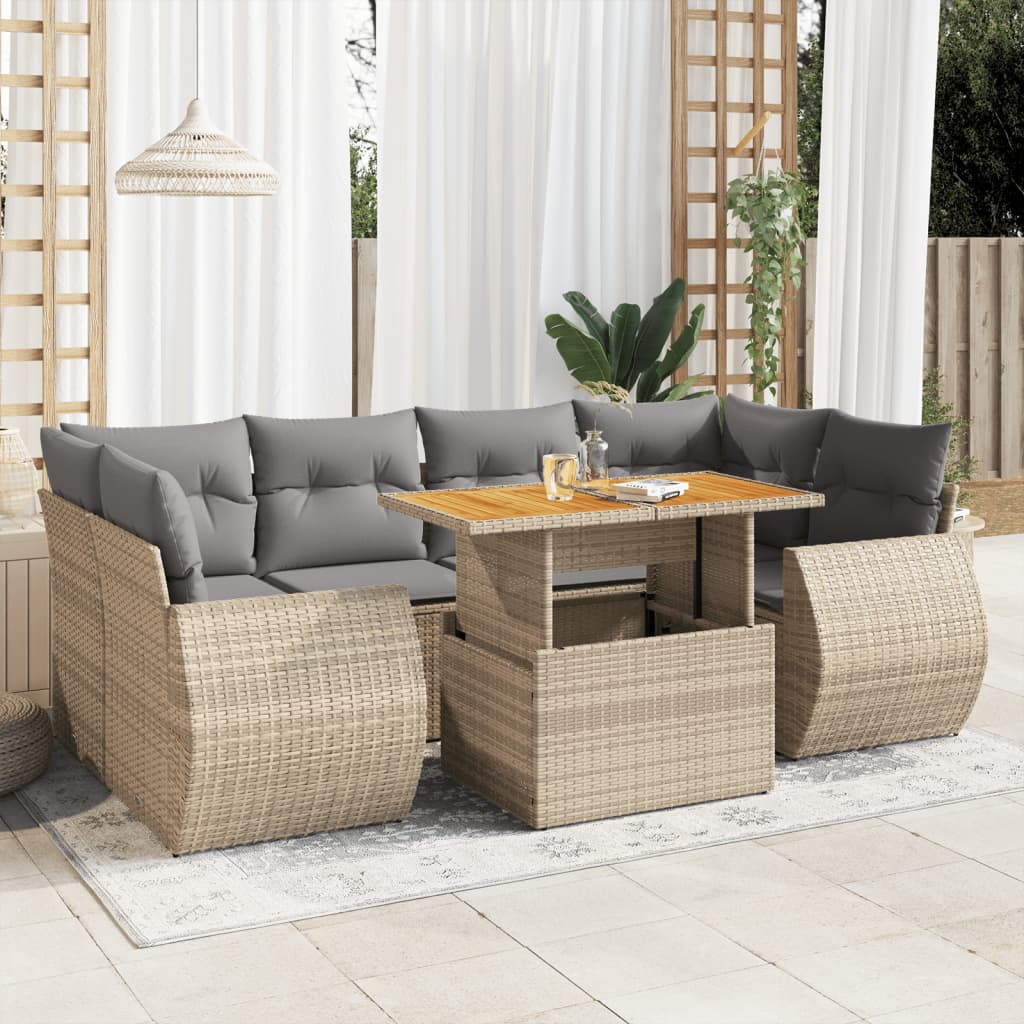 7-Tlg. Garten-Sofagarnitur Mit Kissen Beige Poly Rattan