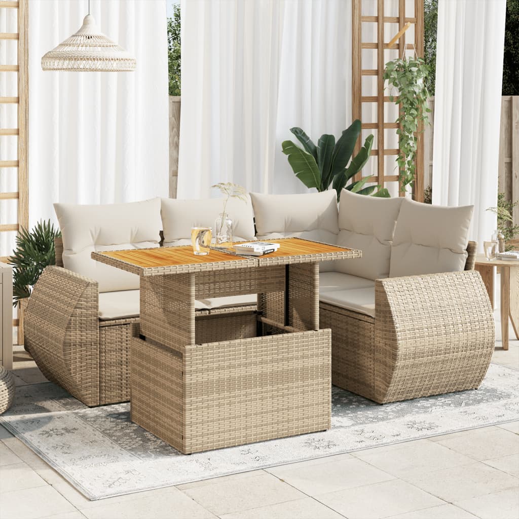 5-Tlg. Garten-Sofagarnitur Mit Kissen Beige Poly Rattan