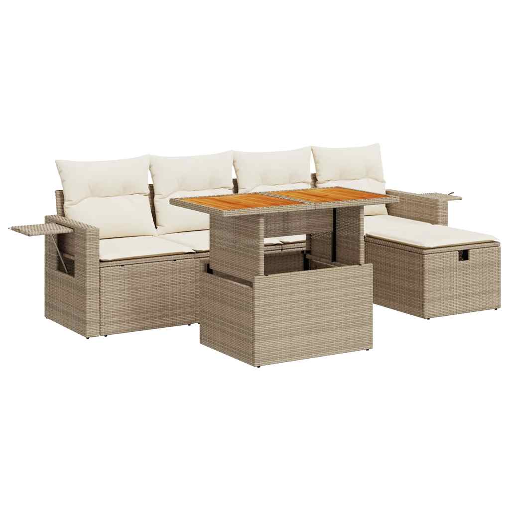 6-Tlg. Garten-Sofagarnitur Mit Kissen Beige Poly Rattan Akazie