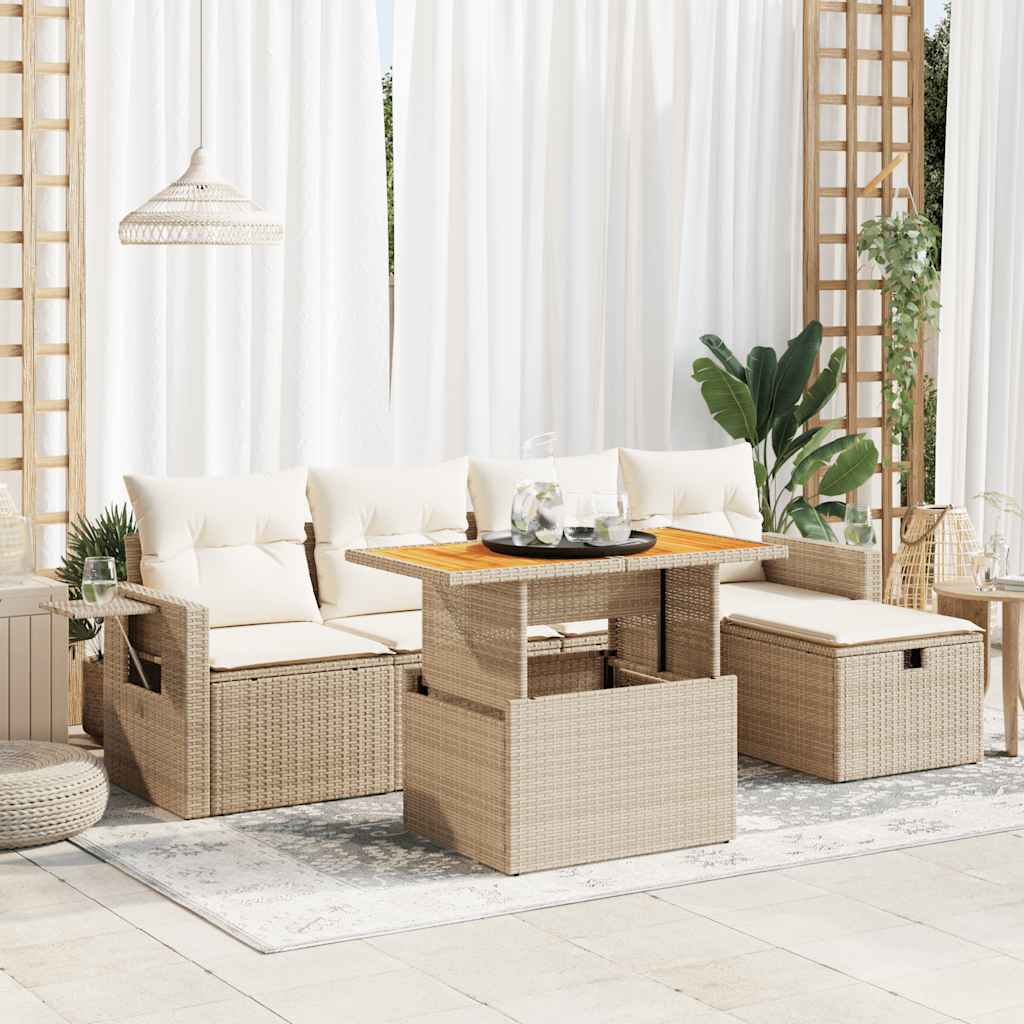 6-Tlg. Garten-Sofagarnitur Mit Kissen Beige Poly Rattan Akazie