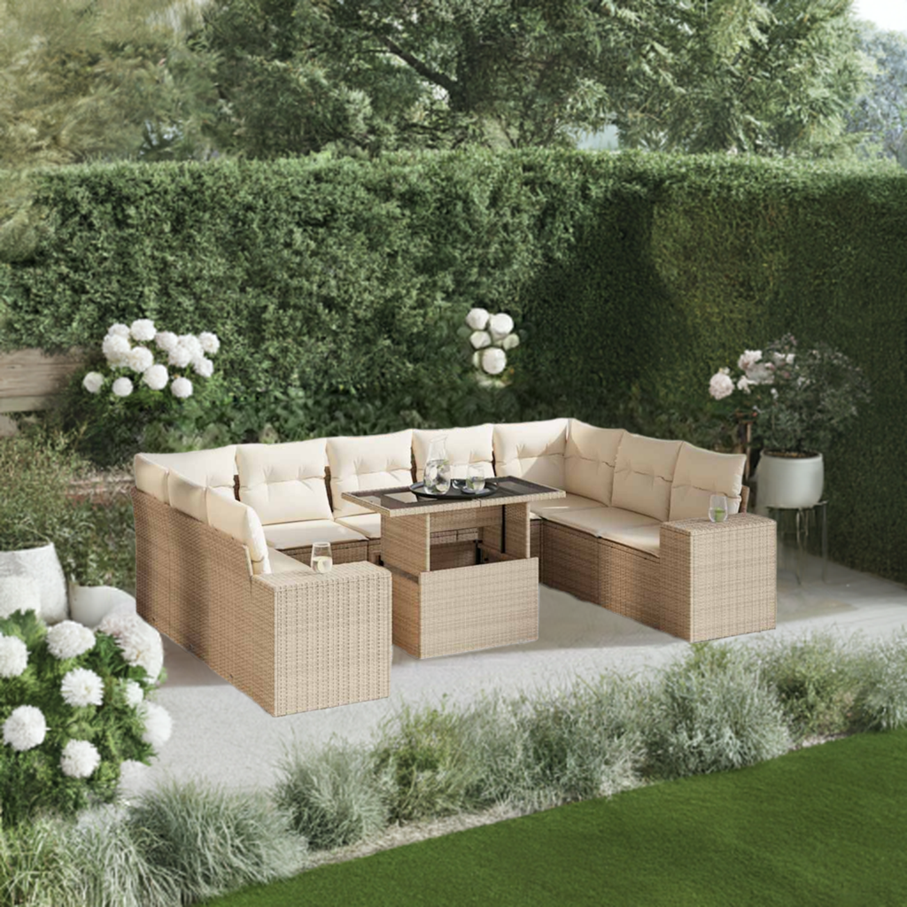 10-Tlg. Garten-Sofagarnitur Mit Kissen Beige Poly Rattan