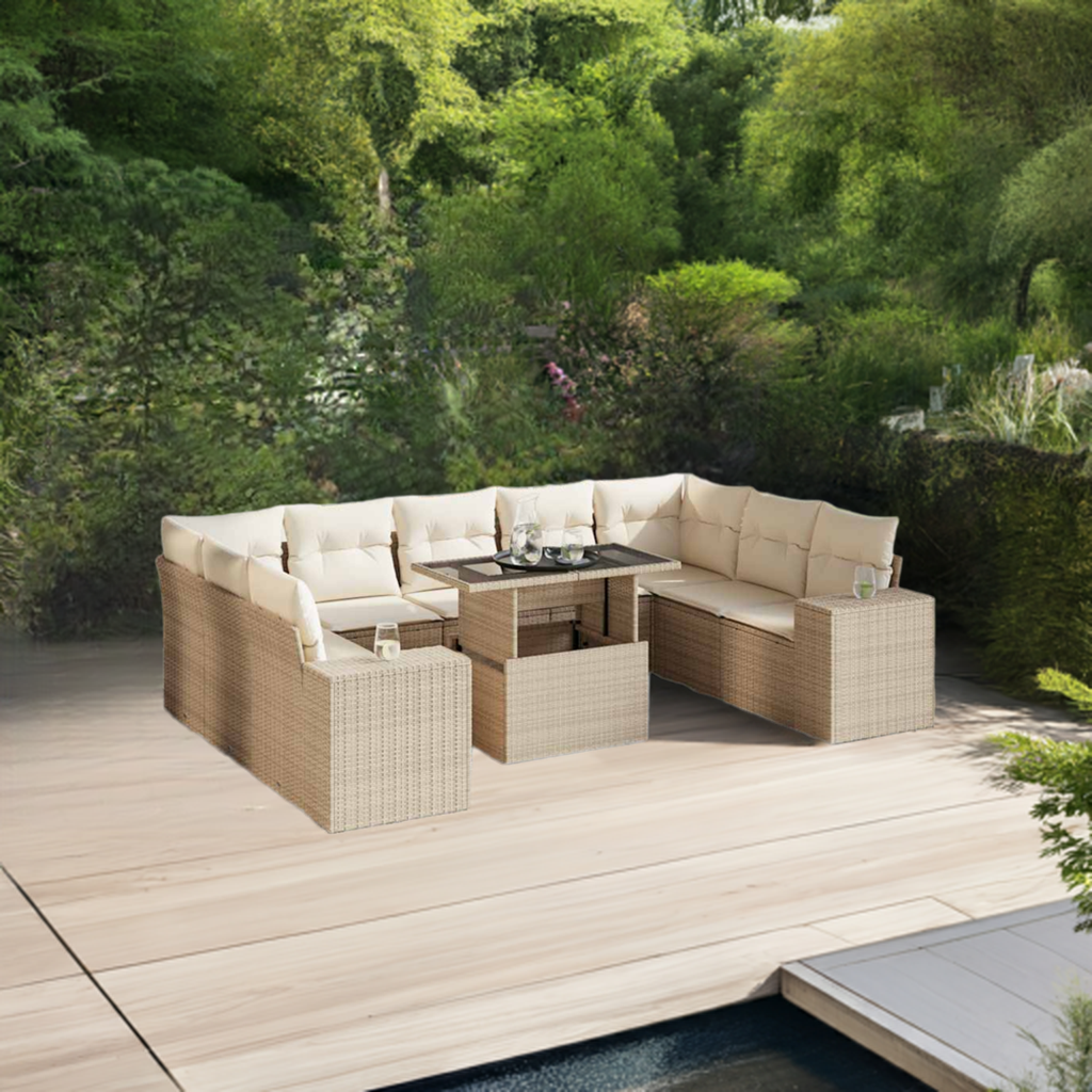 10-Tlg. Garten-Sofagarnitur Mit Kissen Beige Poly Rattan